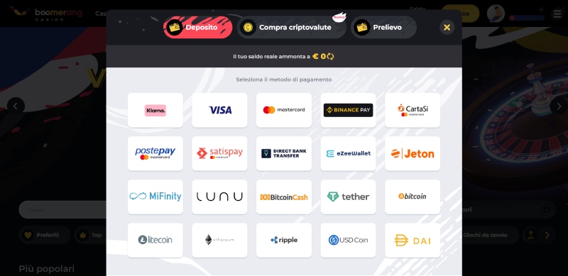 Deposito al bookmaker Boomerang