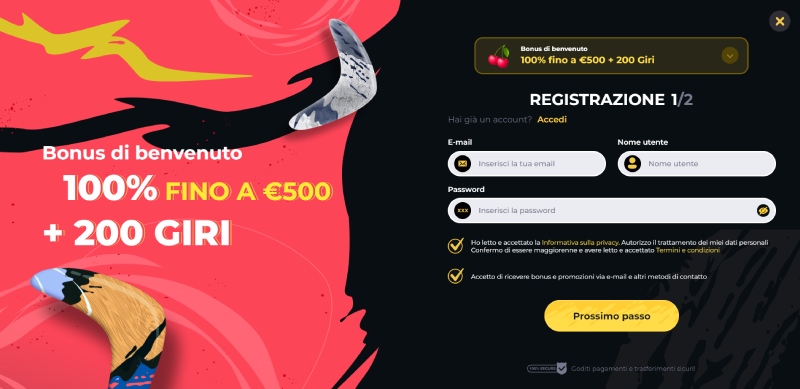 Registrazione al casinò Boomerang