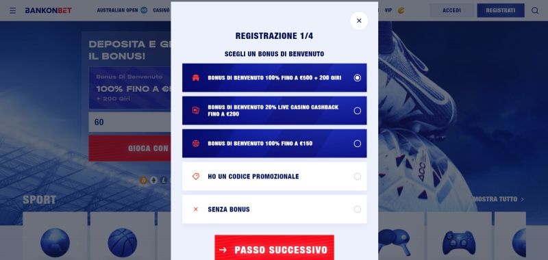 Registrazione Bankonbet