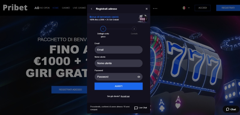 Registrazione al casinò Pribet